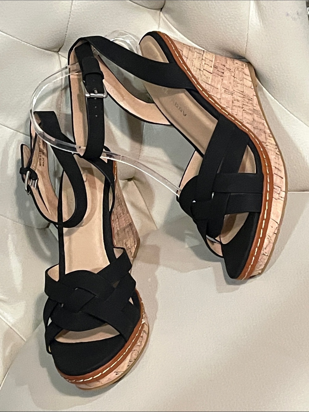 Chinese Laundry Black Woven Cork Wedge Sandals with Ankle Strap Size 8.5